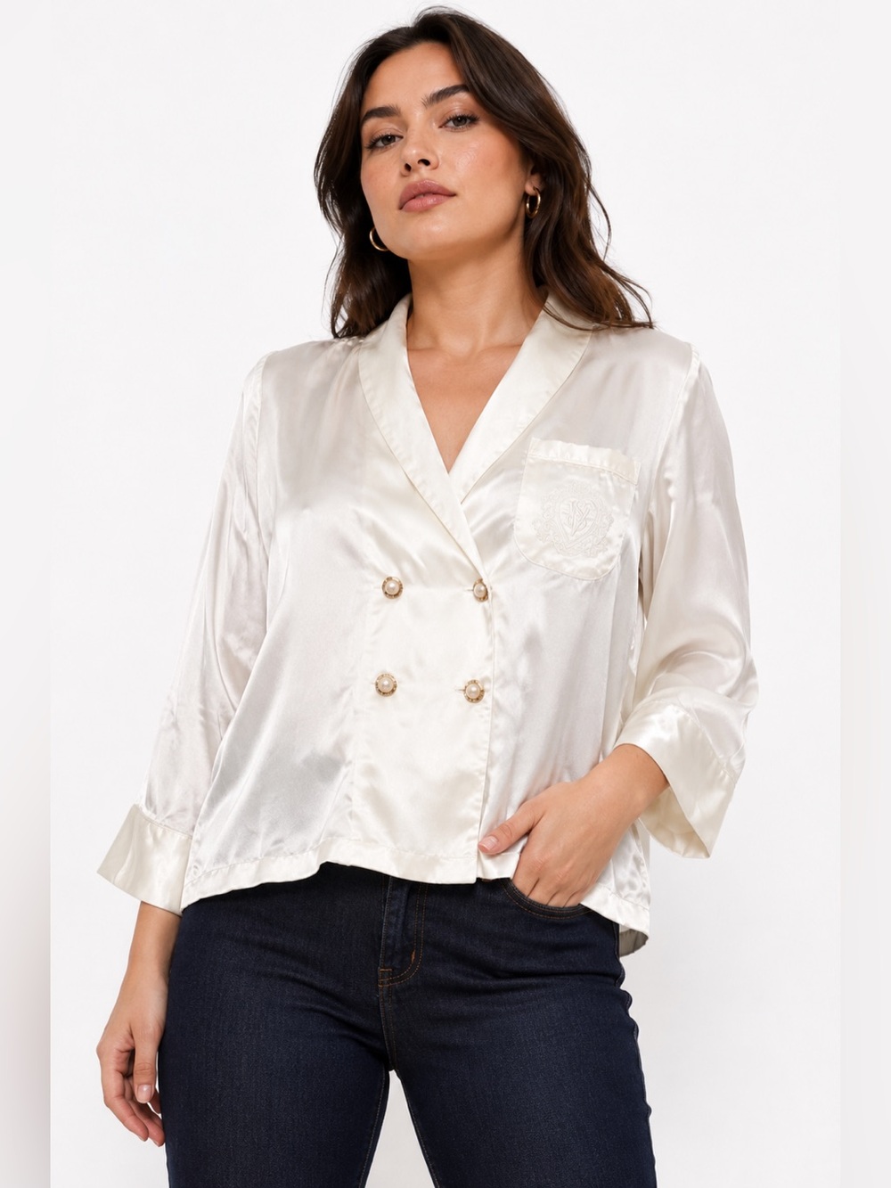 80s Vintage Gold Label Victoria’s Secret Satin Blouse/PJ Top (White) Size Medium